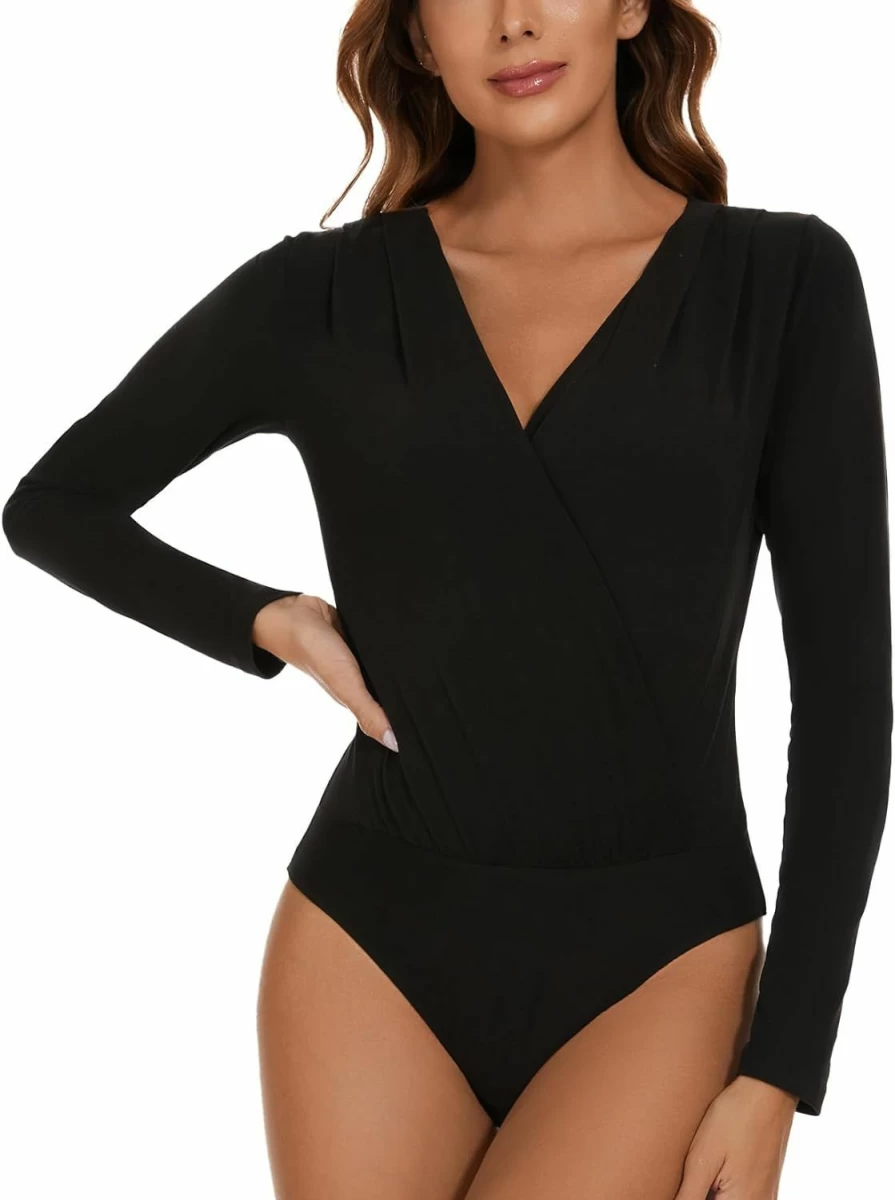 MISS MOLY Women's Slim Fit Long Sleeve Bodysuit - Cross Wrap Ruched Plunge Neck Deep V-Neck Shirt Top