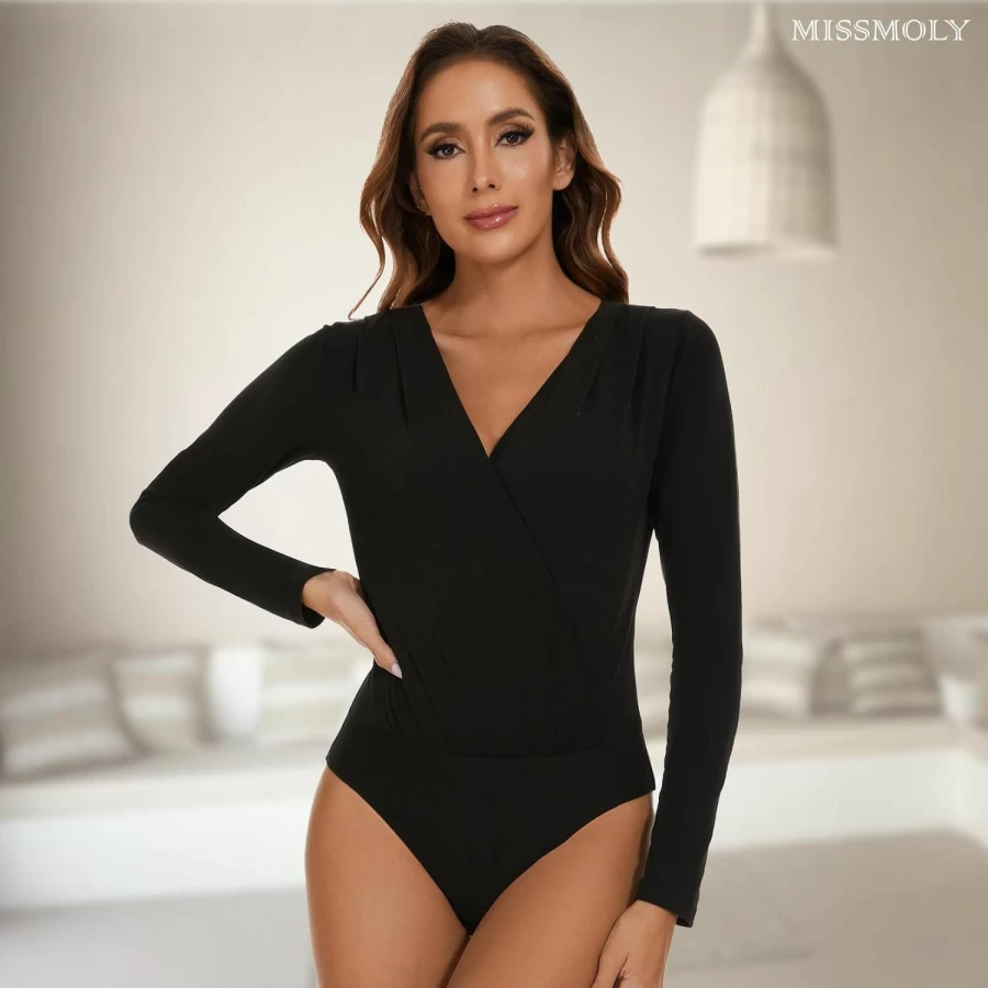 MISS MOLY Women's Slim Fit Long Sleeve Bodysuit - Cross Wrap Ruched Plunge Neck Deep V-Neck Shirt Top