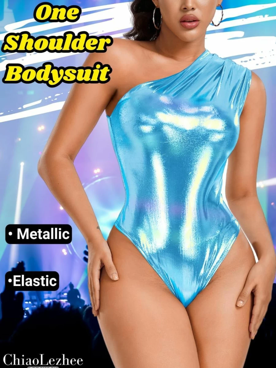 "ChiaoLezhee Metallic Wet Look Bodysuit - Rave Club Outfits & High Cut Sexy Tops for Women"