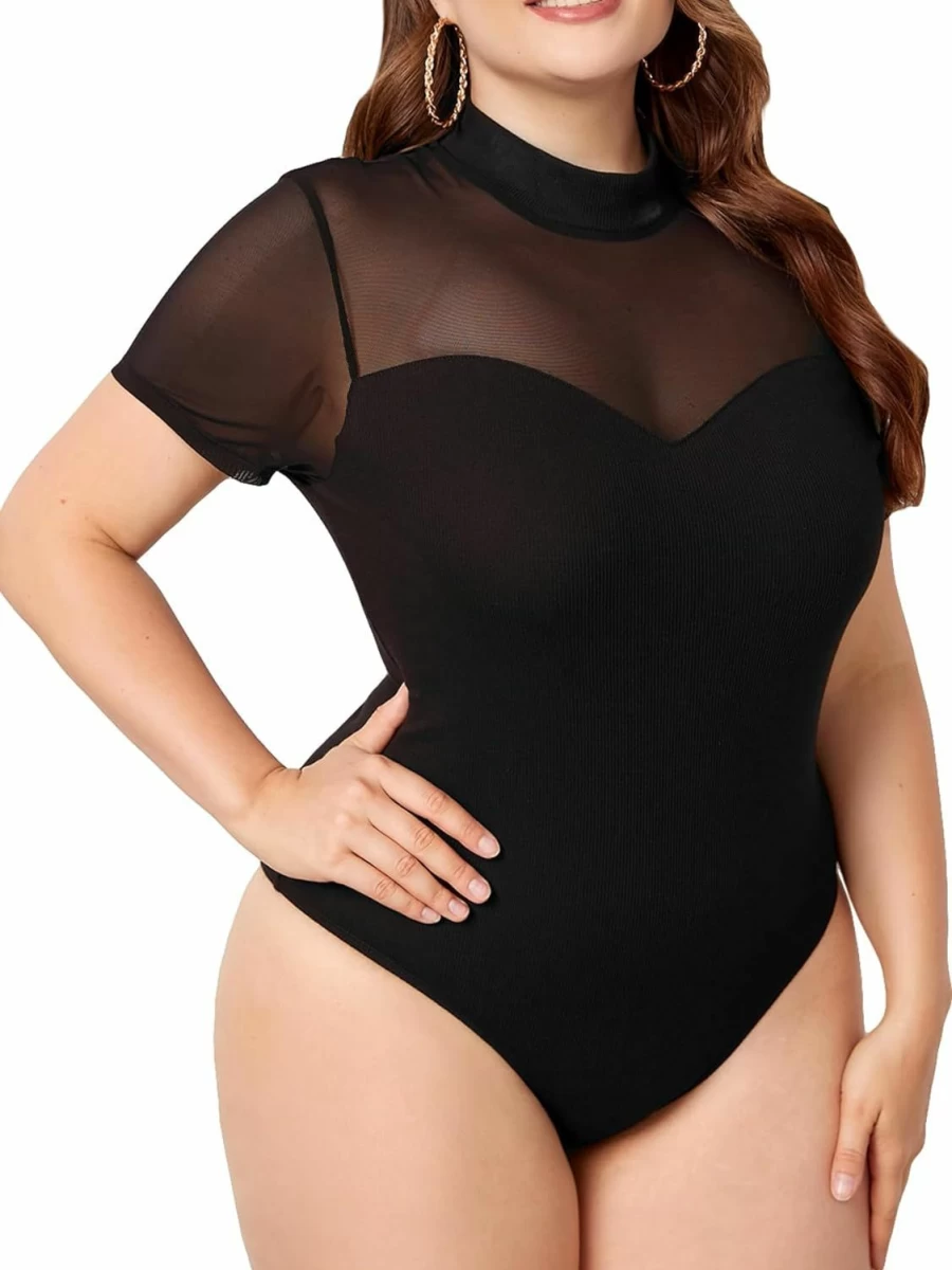 MakeMeChic Women's Plus Size Mock Neck Sheer Mesh Short Sleeve Bodysuit Top