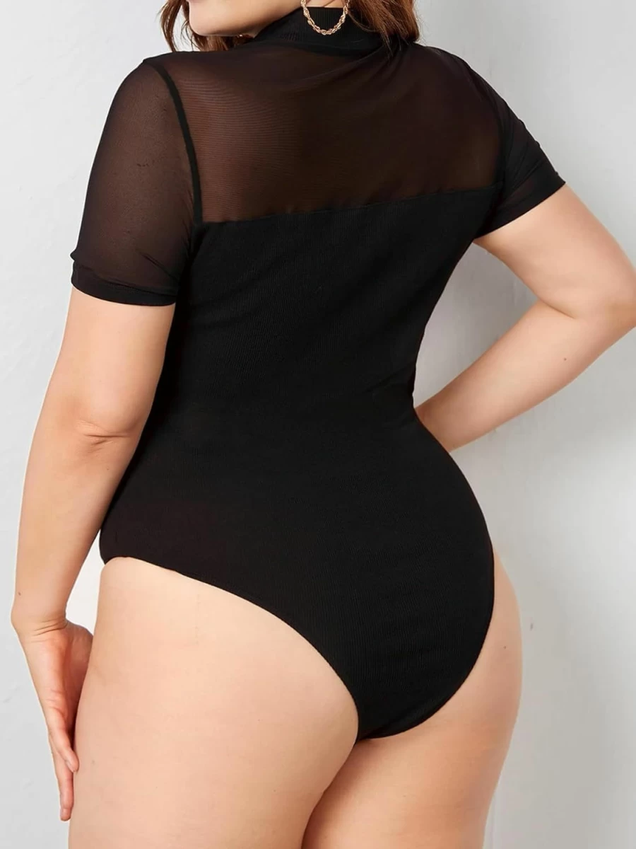 MakeMeChic Women's Plus Size Mock Neck Sheer Mesh Short Sleeve Bodysuit Top