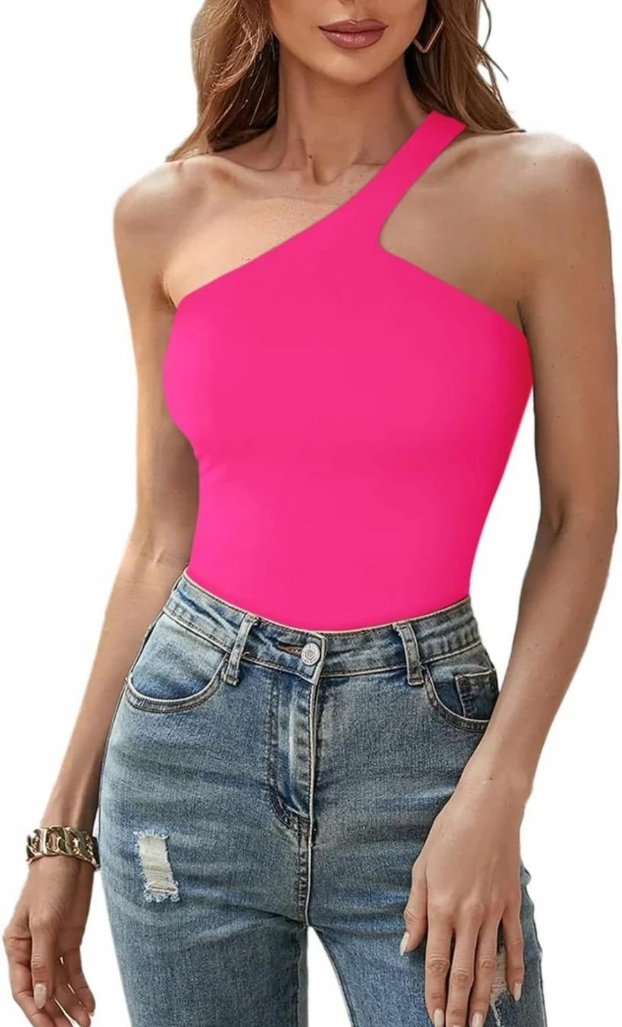 REORIA Women's One Shoulder Bodysuit - Sexy Sleeveless Thong Tank Top for Slimming Fit