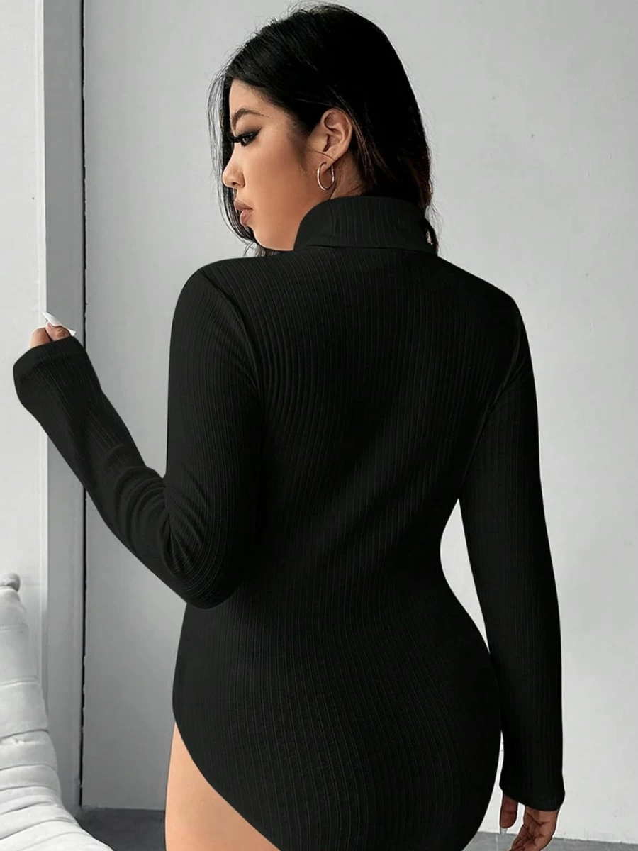 MakeMeChic Plus Size Women's Ribbed Knit Mock Neck Bodysuit - Long Sleeve Fitted Tops for Women