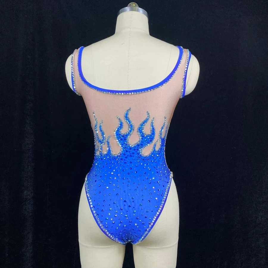 Yoyomomozi Blue Rhinestone Pole Dance Leotard for Women - Sparkling Gogo Dancer Bodysuit for Nightclub & Birthday Performances