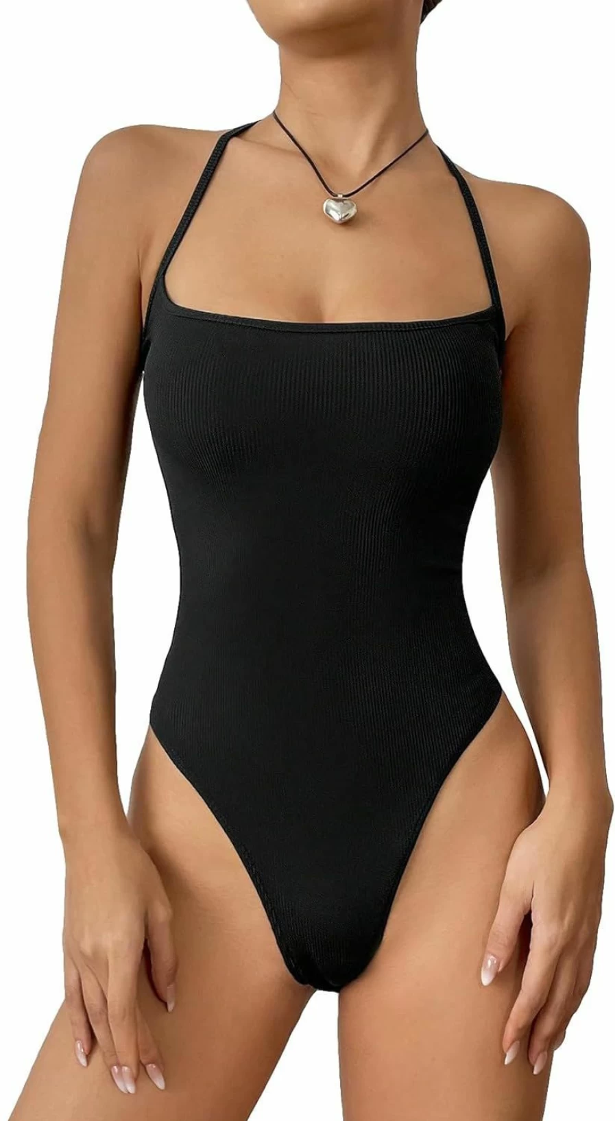 SHENHE Women's Sexy Halter Neck Backless Bodysuit Top - Sleeveless Fitted Stretchable Summer Outfit