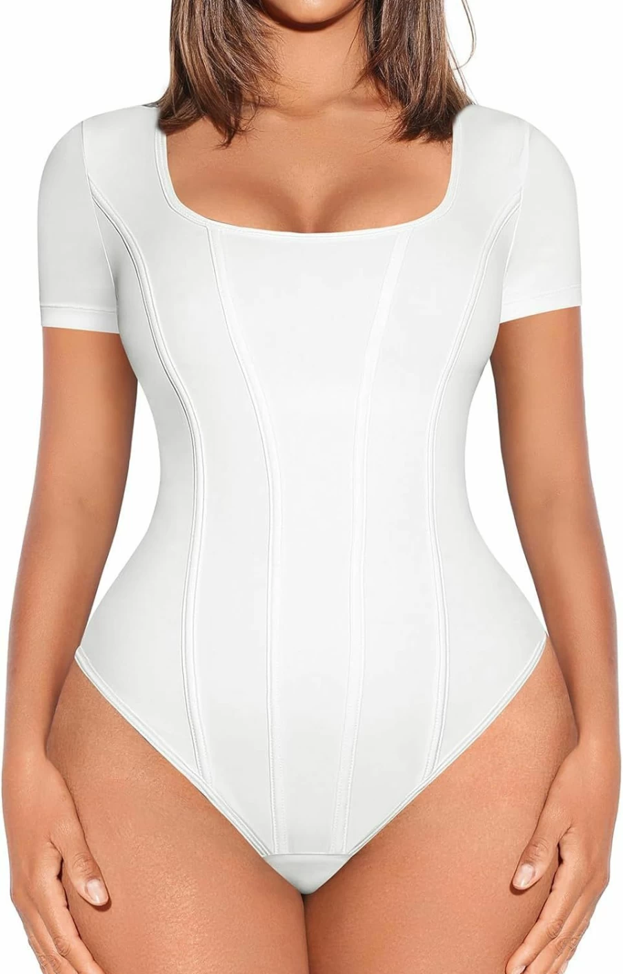 FeelinGirl Women's Tummy Control Long Sleeve Bodysuit - Square Neck Thong Tops for Going Out