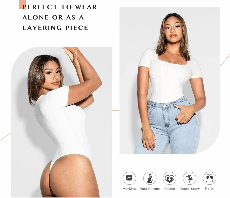 FeelinGirl Women's Tummy Control Long Sleeve Bodysuit - Square Neck Thong Tops for Going Out