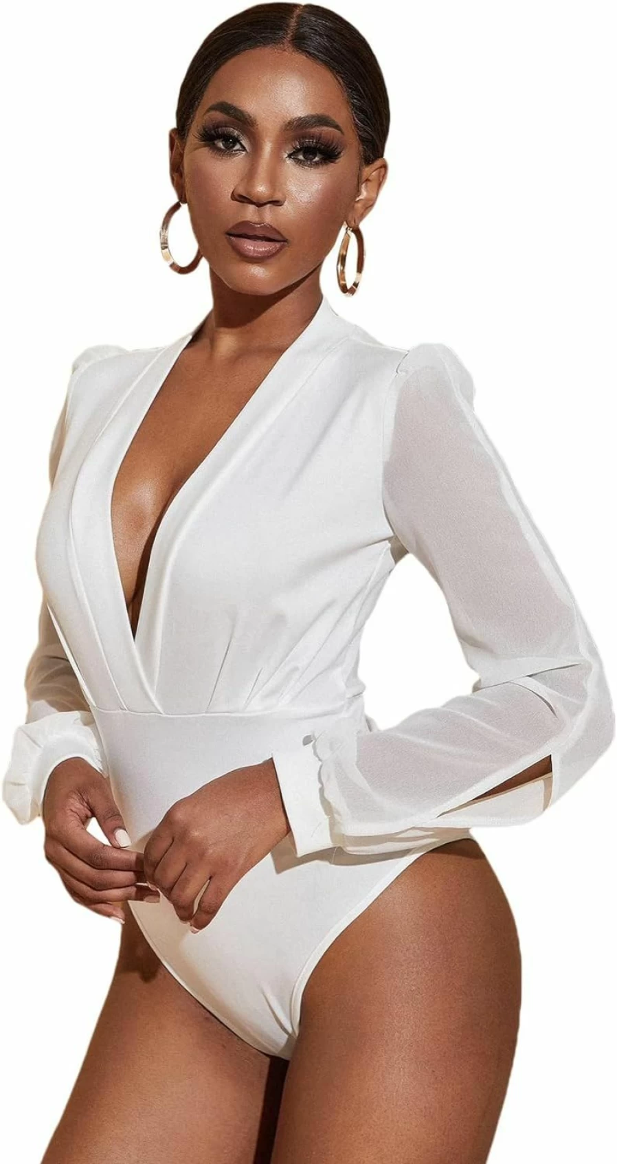 Floerns Women's Elegant Deep V-Neck Long Sleeve Bodysuit - Stretchy Split Hem Tops for Women