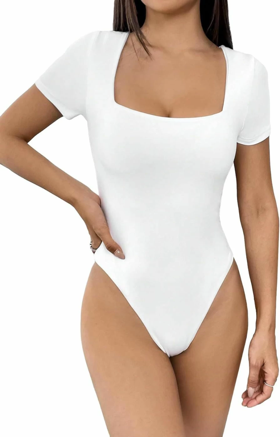 SweatyRocks Women's Square Neck Slim Fit Bodysuit - Casual Short Sleeve Jumpsuit for Women