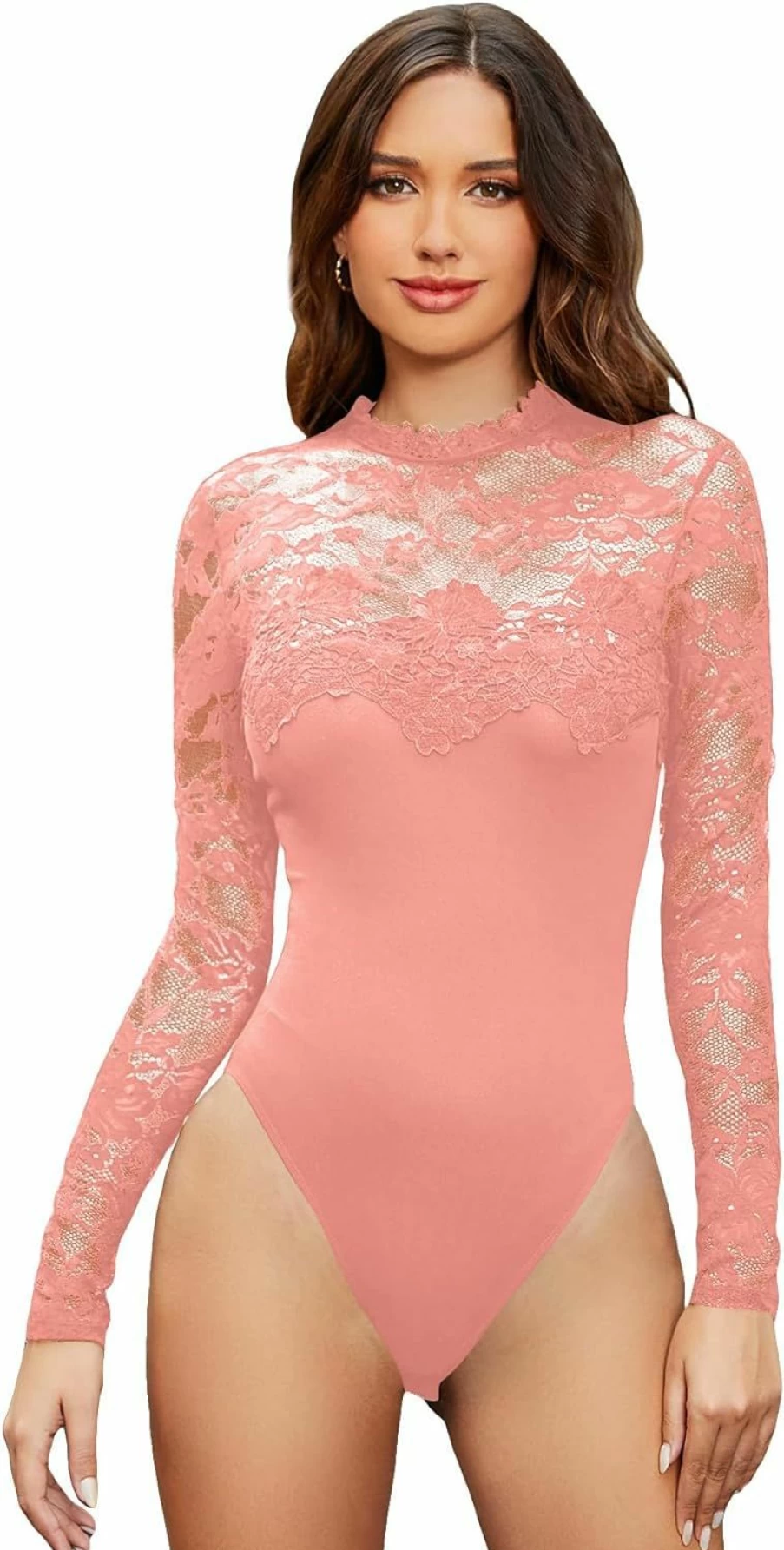WDIRARA Women's Floral Lace Bodysuit Long Sleeve Mock Neck Sheer Mesh Slim Fit T-Shirt Romper