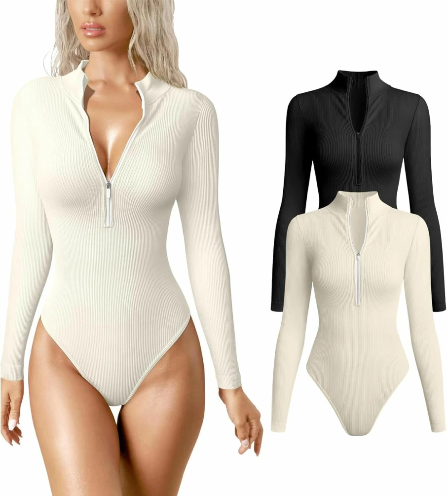 GTETKDE Women's Sexy Ribbed Zip Front Bodysuit - Long Sleeve Deep V Neck One Piece 2 Piece Set