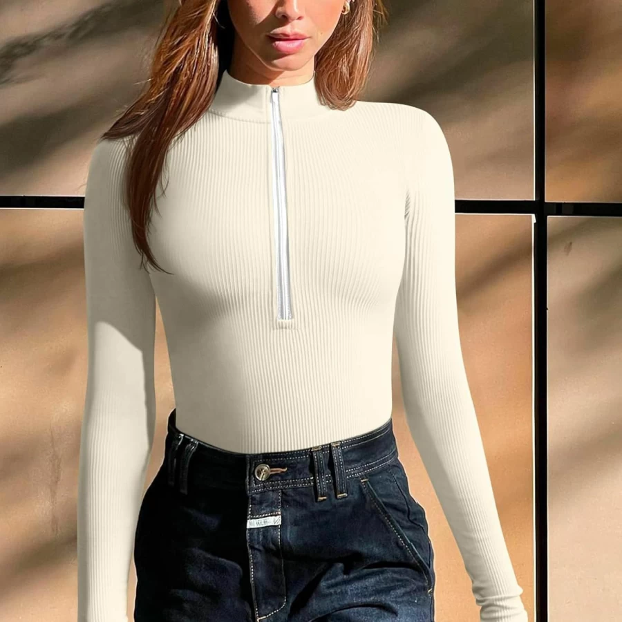 GTETKDE Women's Sexy Ribbed Zip Front Bodysuit - Long Sleeve Deep V Neck One Piece 2 Piece Set
