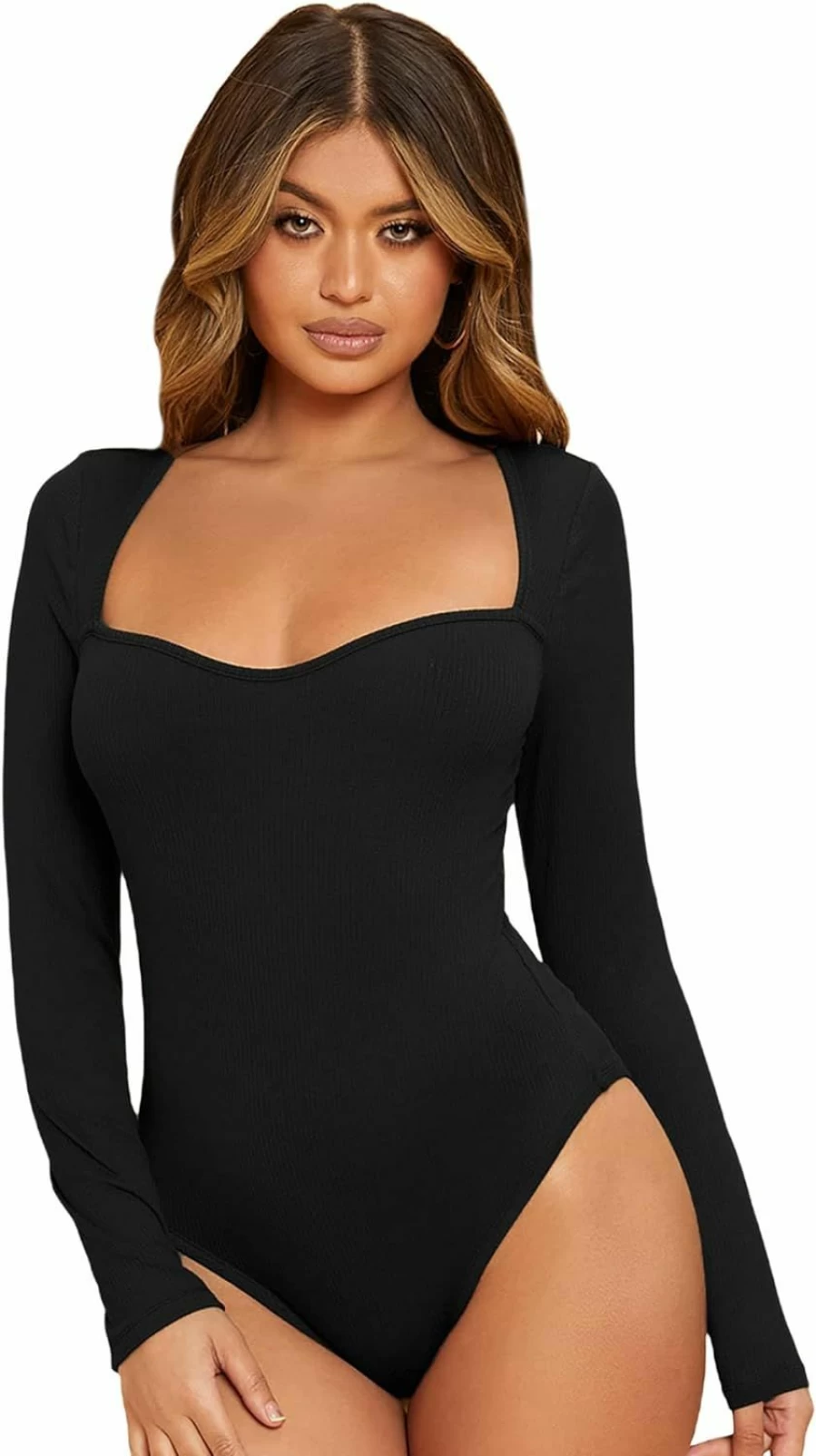 Verdusa Women's Ribbed Bodysuit - Sweetheart Neck Long Sleeve Slim Fit Stretchy T-Shirt Top