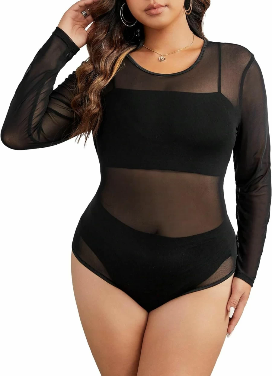 "SHENHE Women's Plus Size Sheer Mesh Long Sleeve Bodysuit - Sexy Round Neck See Through T-Shirt Top"