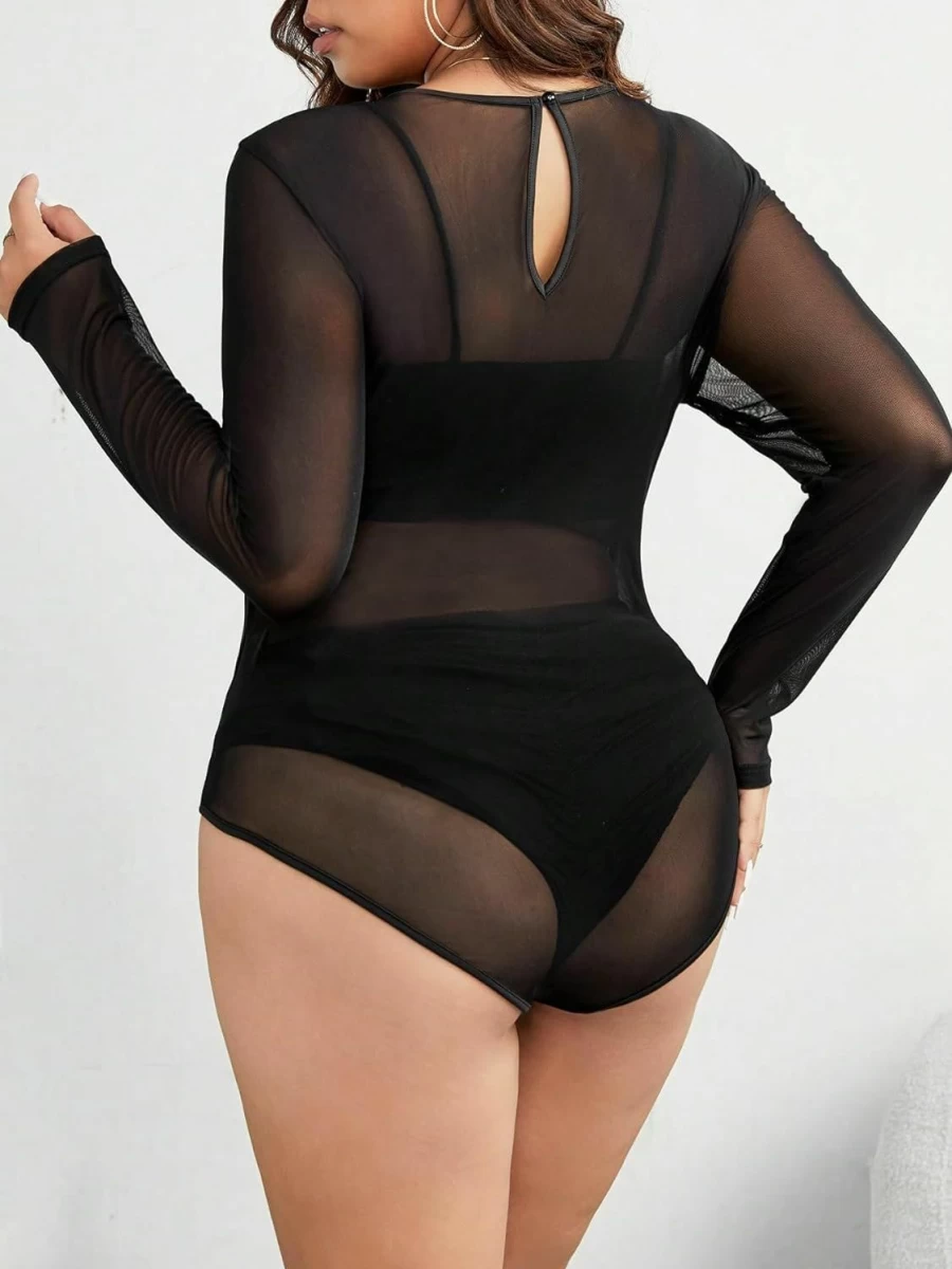 "SHENHE Women's Plus Size Sheer Mesh Long Sleeve Bodysuit - Sexy Round Neck See Through T-Shirt Top"