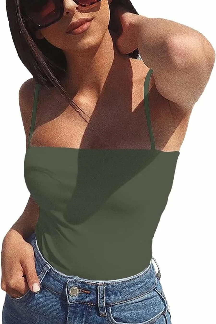 LINMON Women's Square Neck Spaghetti Strap Tank Top Bodysuit - Sleeveless Camisole Leotard for Women