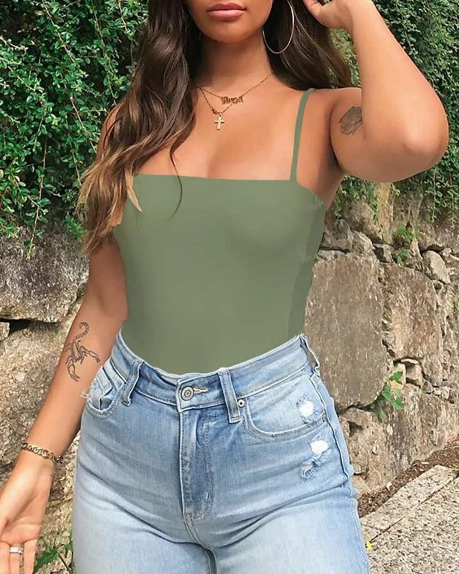 LINMON Women's Square Neck Spaghetti Strap Tank Top Bodysuit - Sleeveless Camisole Leotard for Women