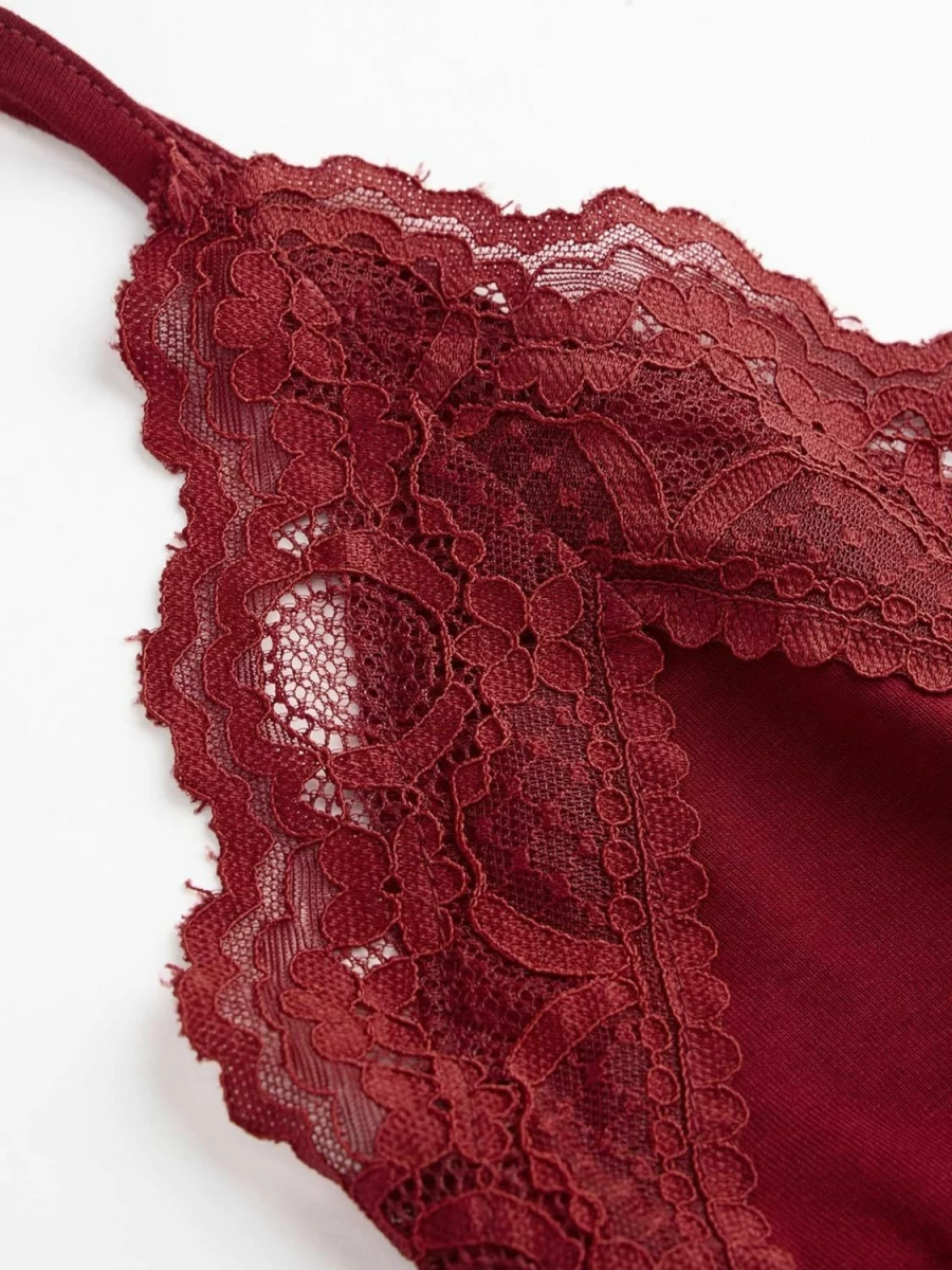 CIDER Women's Red Lace Trim V-Neck Bodysuit - Ciderlace Bodysuit for Women