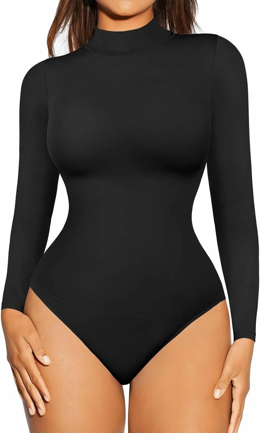 FeelinGirl Women's Seamless Slimming Long Sleeve Thong Bodysuit - Shapewear Tummy Control Body Shaper