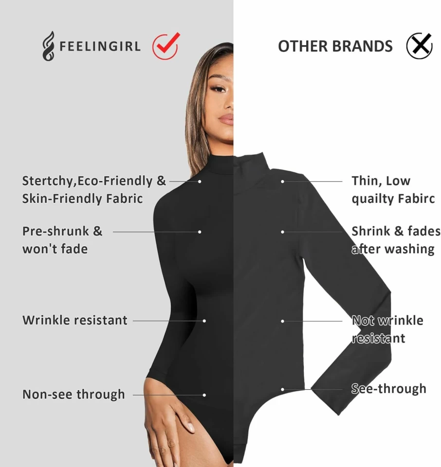 FeelinGirl Women's Seamless Slimming Long Sleeve Thong Bodysuit - Shapewear Tummy Control Body Shaper
