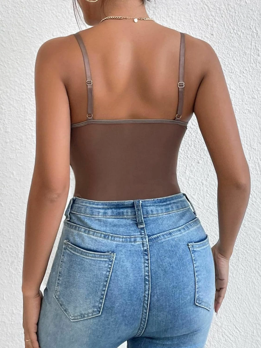 SweatyRocks Women's Velvet & Lace Cami Bodysuit - V-Neck Spaghetti Strap Elegant Bodysuit