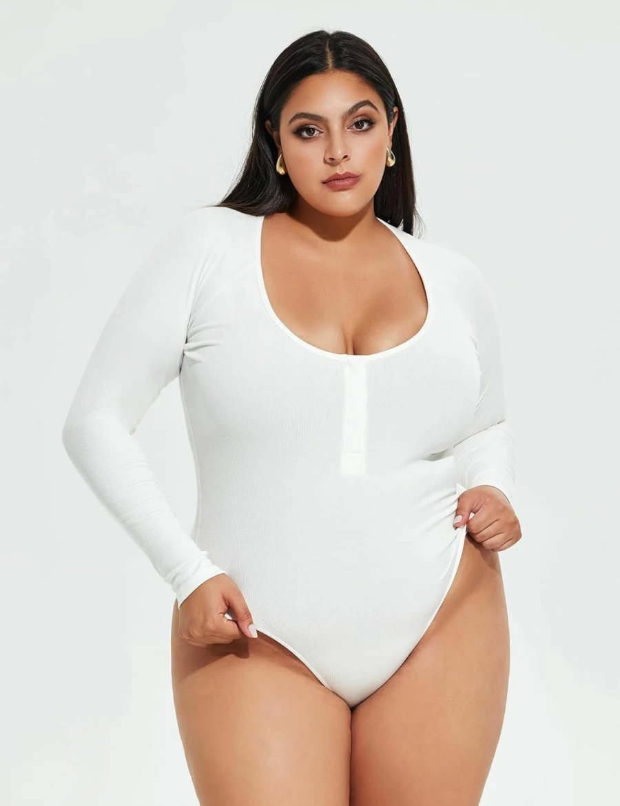 "Sveltors Women's Plus Size Ribbed Long Sleeve Bodysuit - Henley Neck Button Down Jumpsuit"