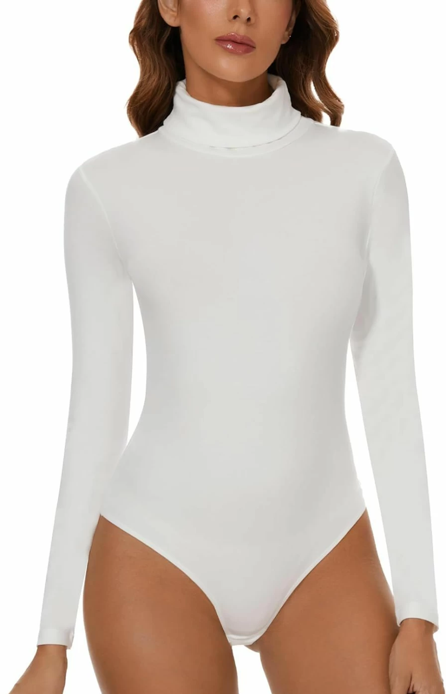 CARCOS Women's Slim Fit Mock Turtleneck Bodysuit - Long Sleeve Basic Jumpsuit for Casual Wear