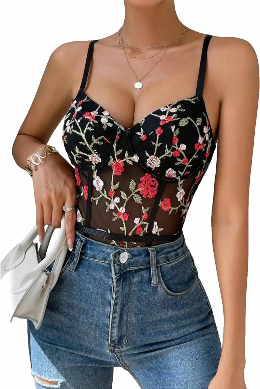COZYEASE Women's Floral Sheer Mesh Bodysuit - Spaghetti Strap Cami Top with Sleeve