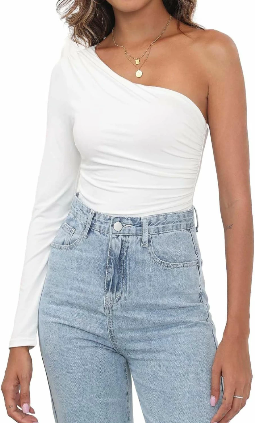 DEOLINA Women's One Shoulder Ruched Bodysuit - Sexy Long Sleeve Leotard Top for Women