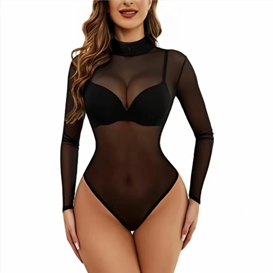 LuckyMoon Women's Sheer Mesh Long Sleeve Bodysuit - Mock Neck Black Slim Fit Leotard Clubwear Tops for Women