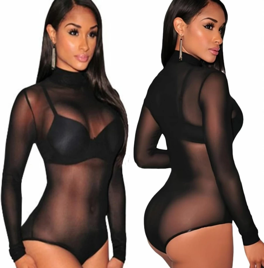 LuckyMoon Women's Sheer Mesh Long Sleeve Bodysuit - Mock Neck Black Slim Fit Leotard Clubwear Tops for Women