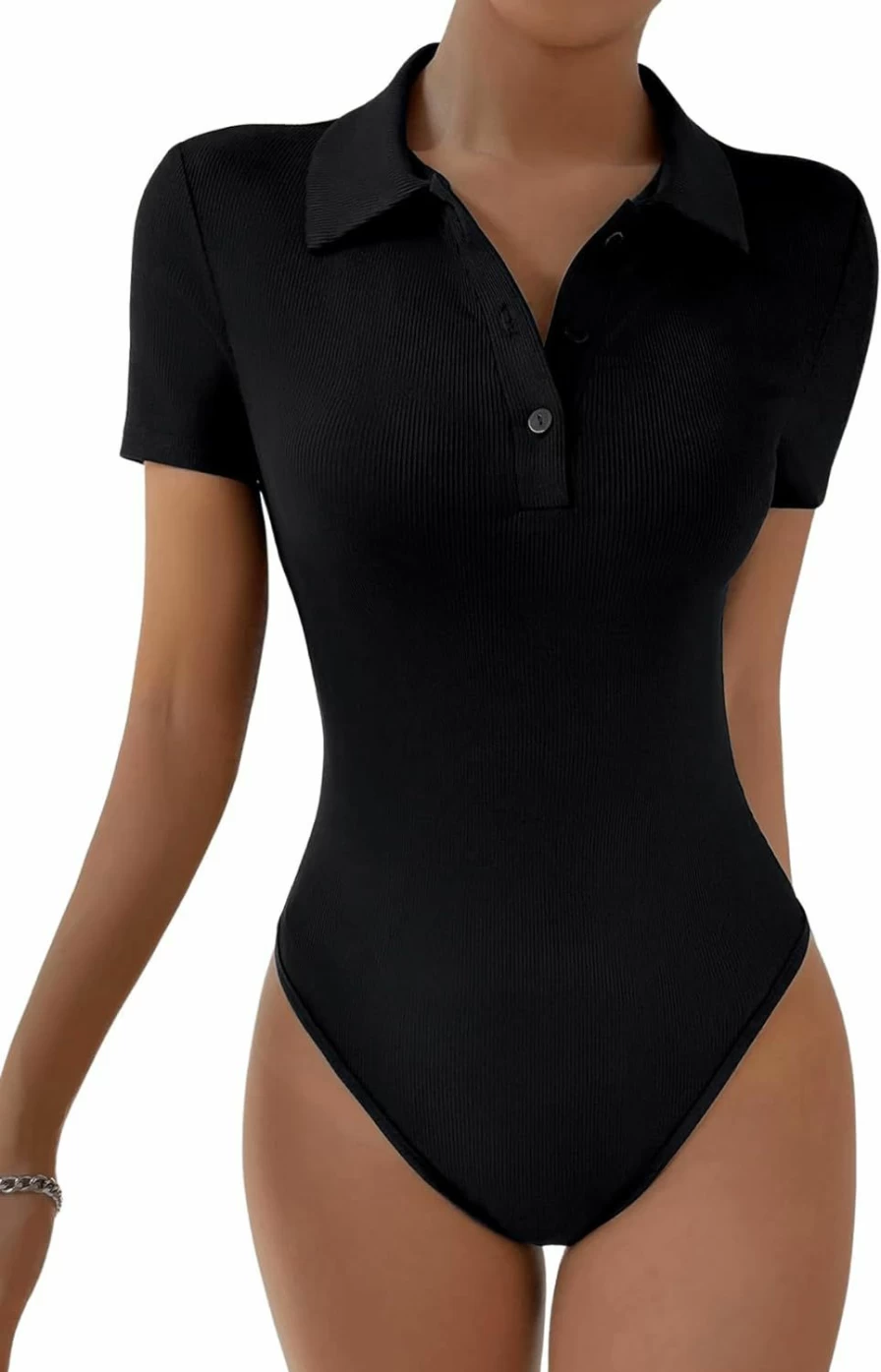 SweatyRocks Women's Ribbed Knit Bodysuit Top - Slim Fit Short Sleeve Half Button Collar Tee
