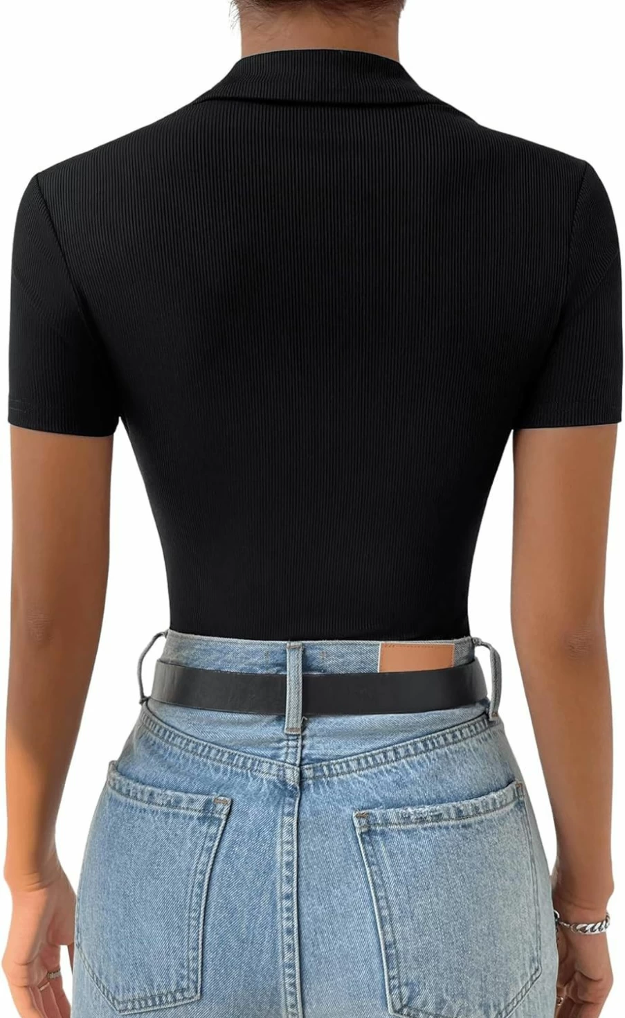 SweatyRocks Women's Ribbed Knit Bodysuit Top - Slim Fit Short Sleeve Half Button Collar Tee