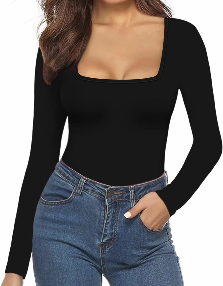 MANGOPOP Women's Square Neck Bodysuit - Long Sleeve & Short Sleeve Tops for Going Out or Casual Wear