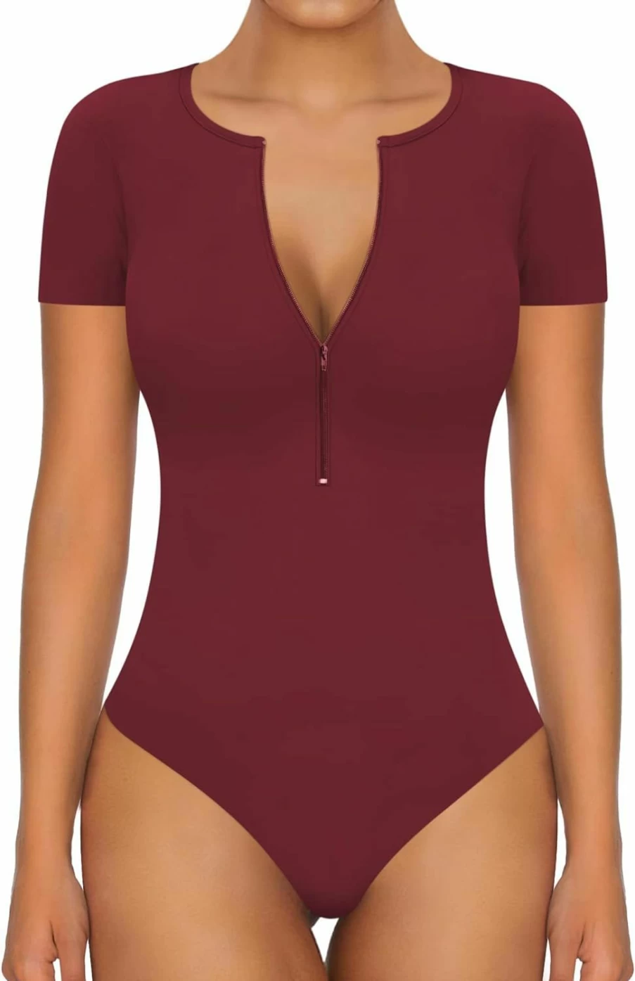 MANGOPOP Women's Ribbed Long Sleeve Bodysuit with Mock Turtle Neck & Deep V Zip-Up Design - Sexy Stretchable Bodycon Shirt
