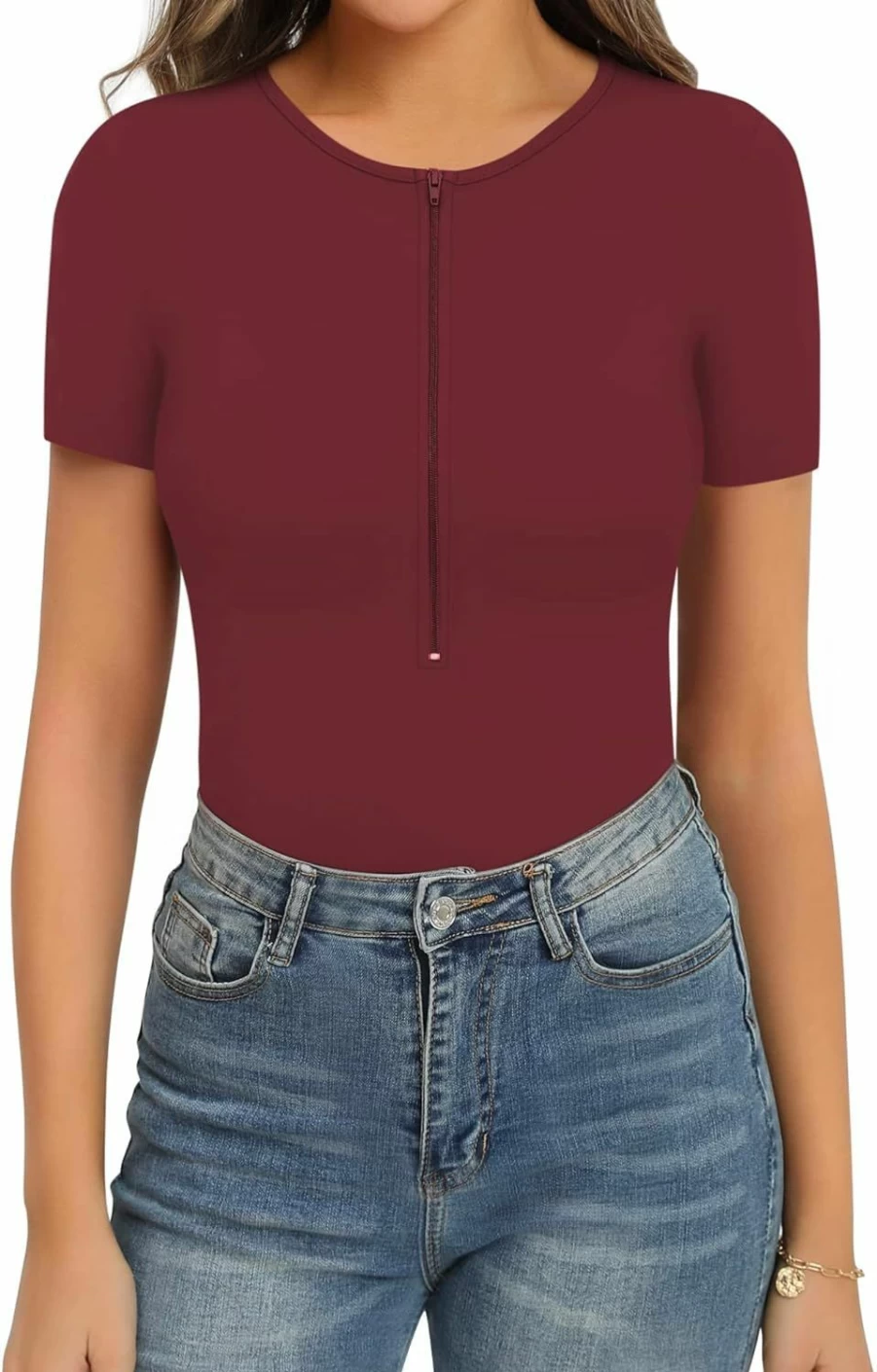 MANGOPOP Women's Ribbed Long Sleeve Bodysuit with Mock Turtle Neck & Deep V Zip-Up Design - Sexy Stretchable Bodycon Shirt