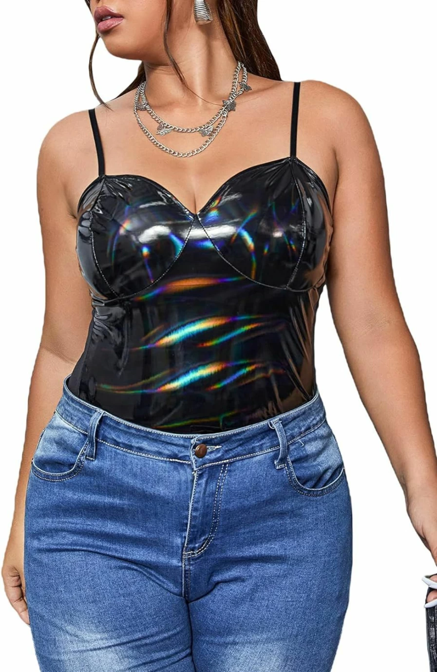 WDIRARA Plus Size Metallic PU Leather Bodysuit Top - Women's Sleeveless Cami Clubwear for Party