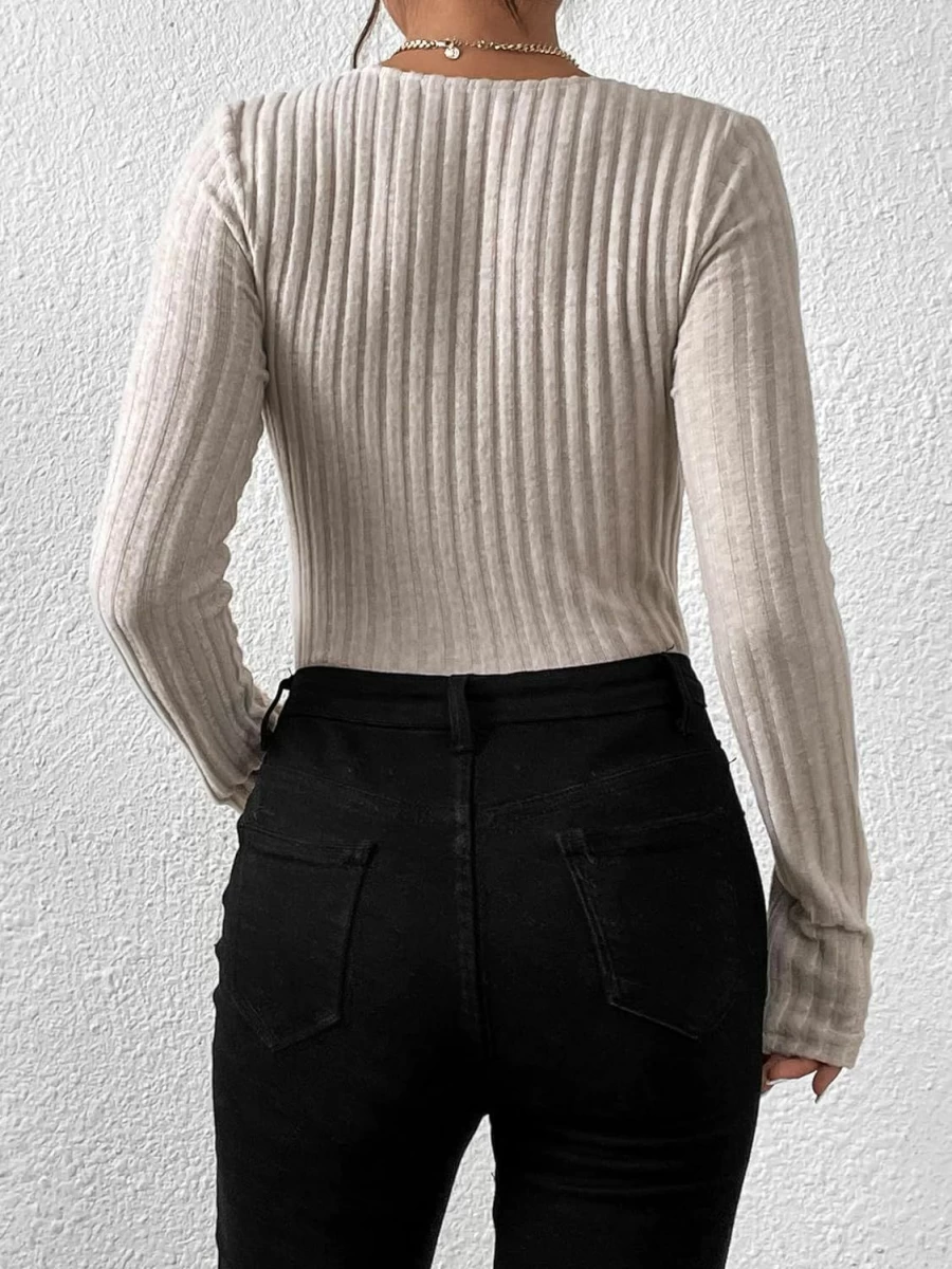 OYOANGLE Women's Long Sleeve V-Neck Bodysuit - Ribbed Knit Stretch Fitted Top with Twist Front Detail
