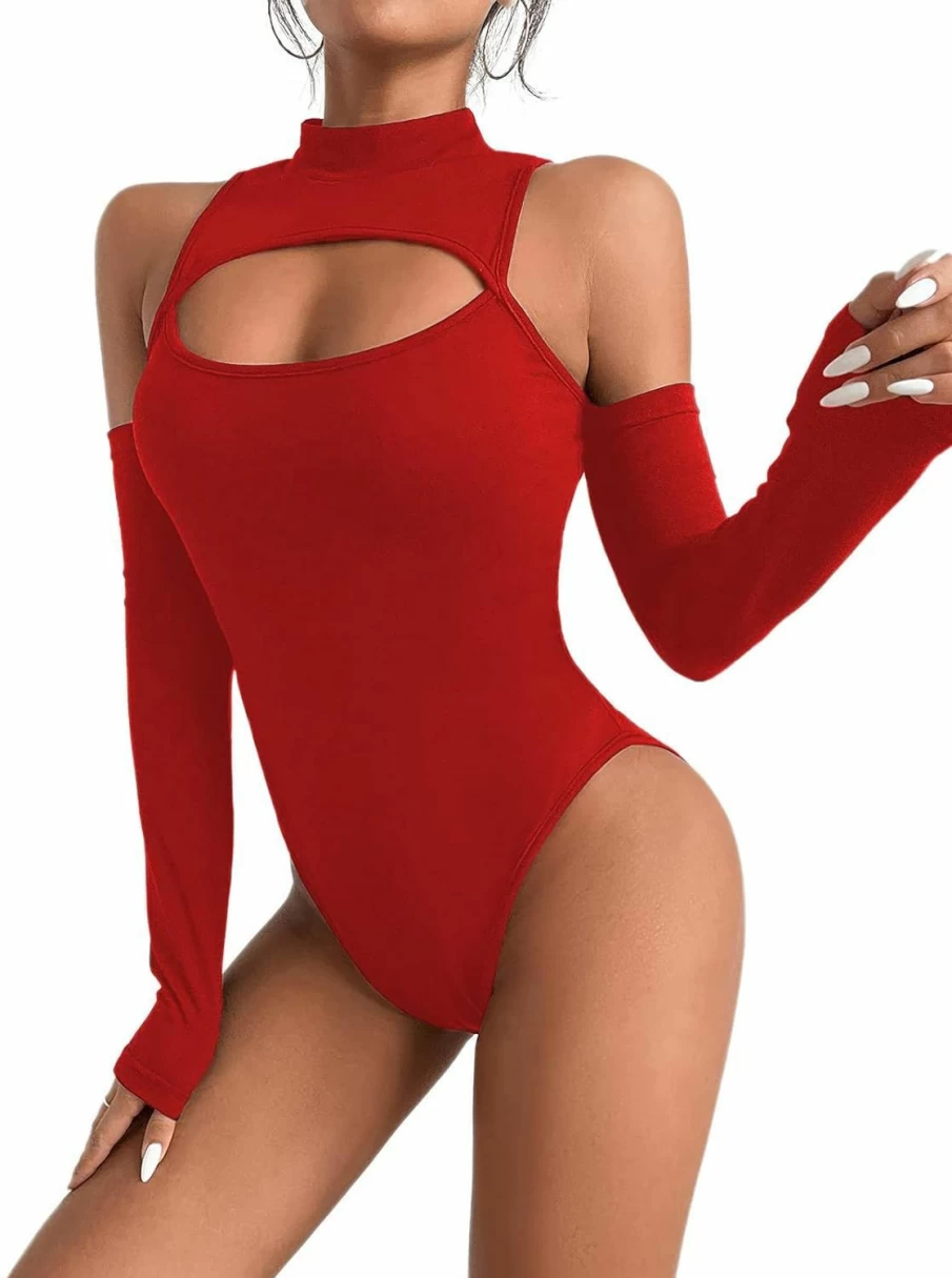 Hilinker Women's High Neck Cold Shoulder Cutout Bodysuit Jumpsuit Tops - Stylish Leotard for Fashion Trends