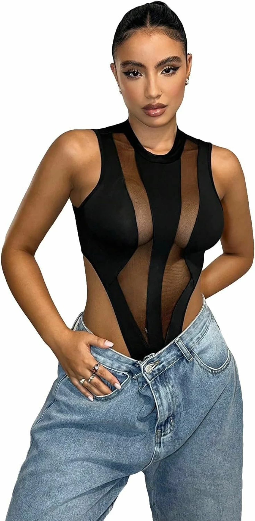 GORGLITTER Women's Y2K Sexy Mesh Bodysuit - Mock Neck Sleeveless Jumpsuit Leotard Top for Women High Cut Outfit