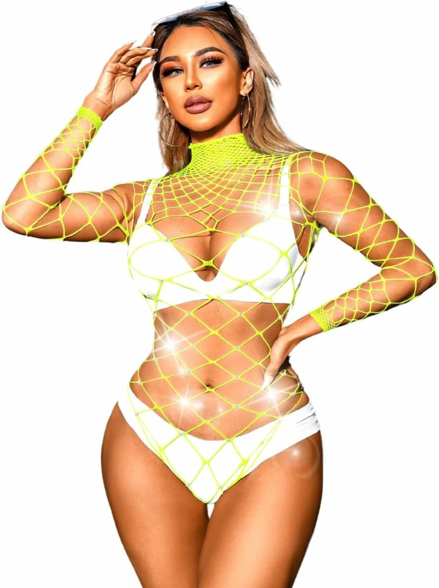 Kaei&Shi Women's Shiny Fishnet Bodysuit Top - Sexy Hollow Out One Piece Rave Outfit for Clubwear