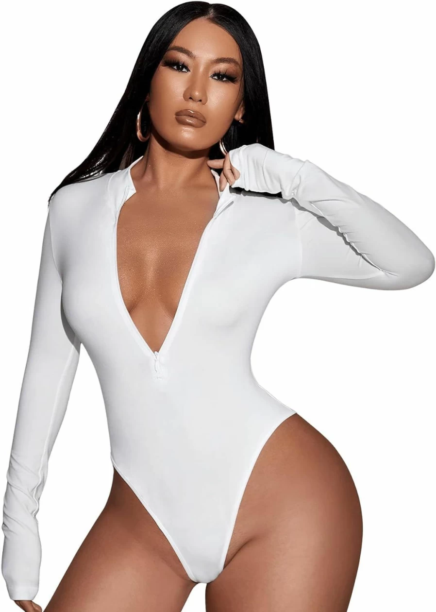 Floerns Women's Long Sleeve Zip Front Bodysuit - Solid Color Stretchable Leotard Top for Dance & Casual Wear