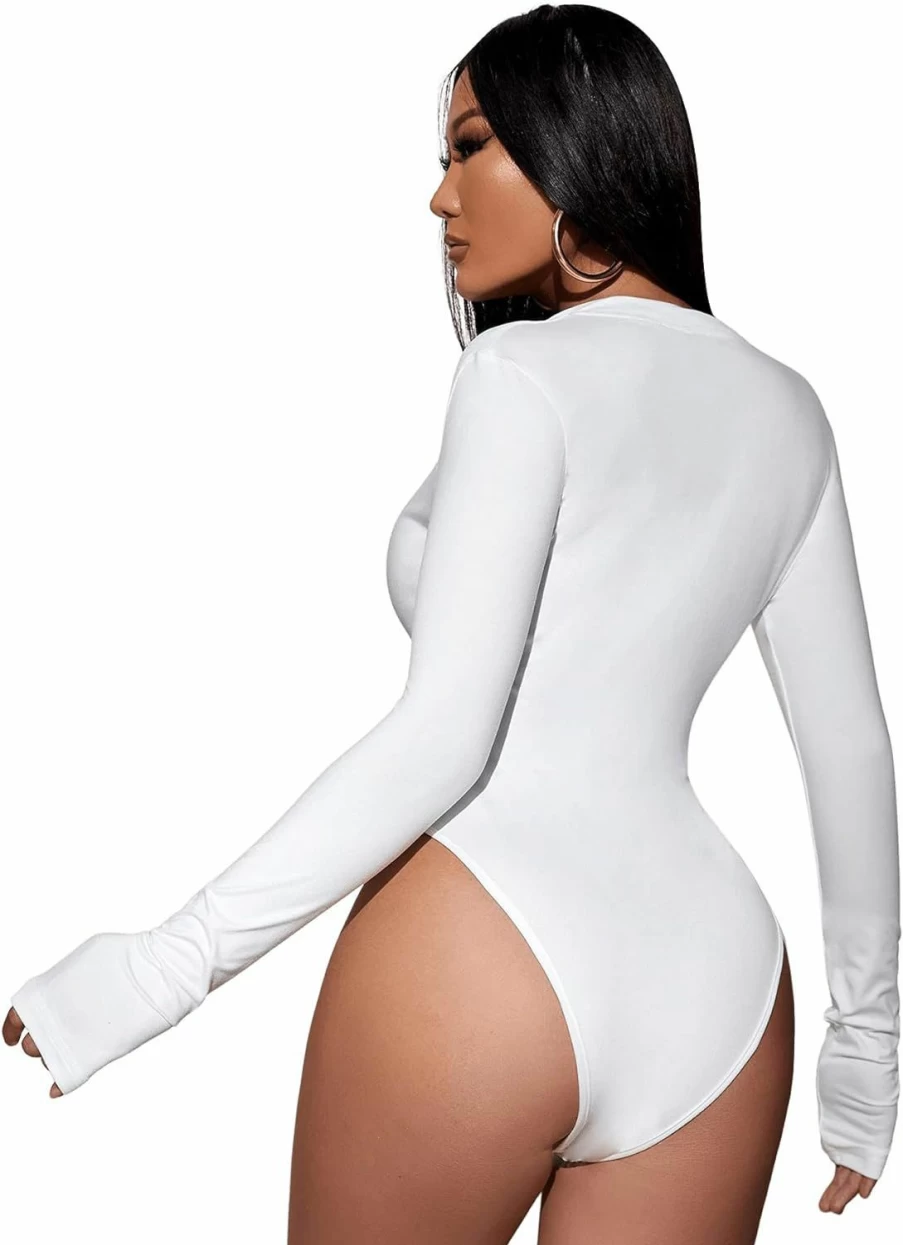 Floerns Women's Long Sleeve Zip Front Bodysuit - Solid Color Stretchable Leotard Top for Dance & Casual Wear