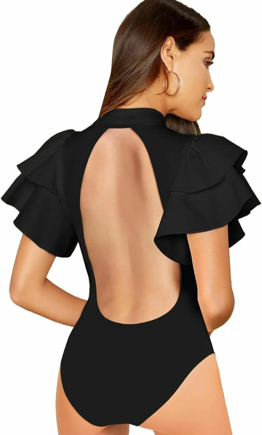 Verdusa Women's Backless Ruffle Bodysuit - Mock Neck Short Sleeve Layered Tops for Women