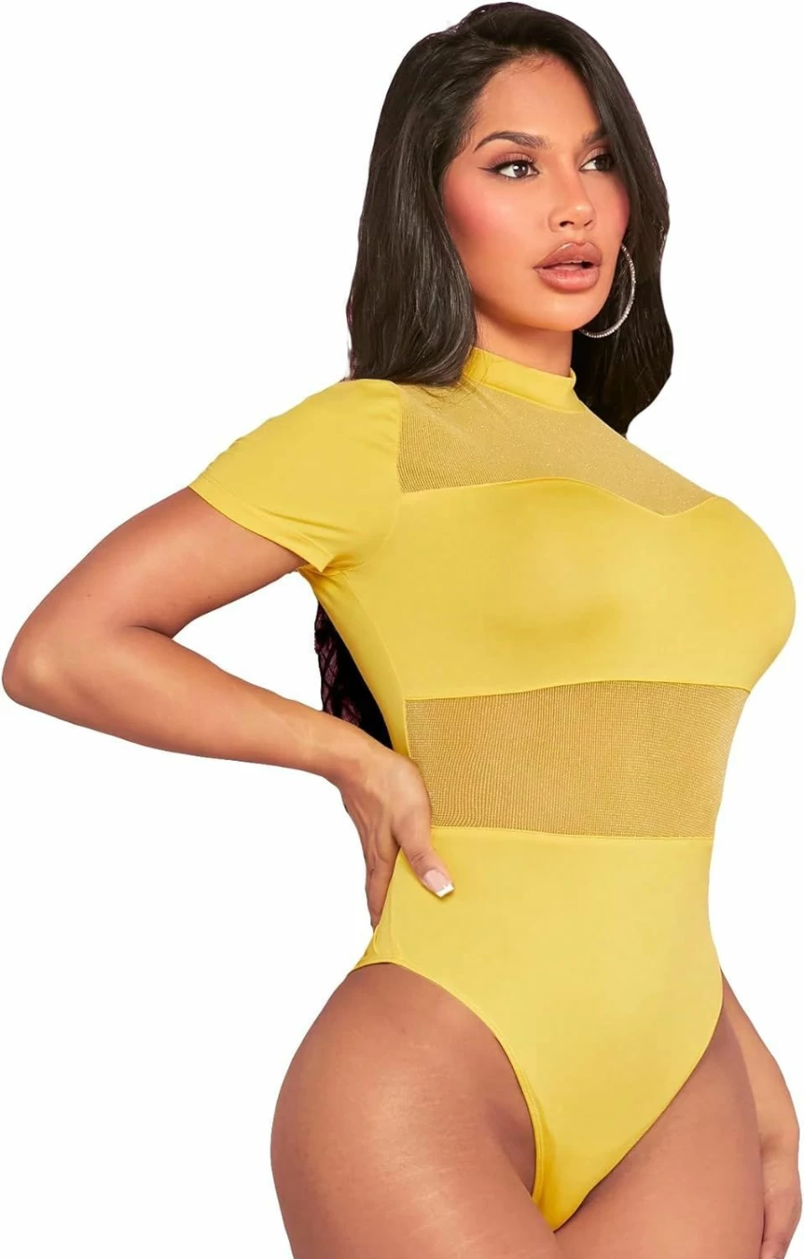 WDIRARA Women's Sexy Mesh Mock Neck Bodysuit - Sheer Contrast Short Sleeve Summer Party Top