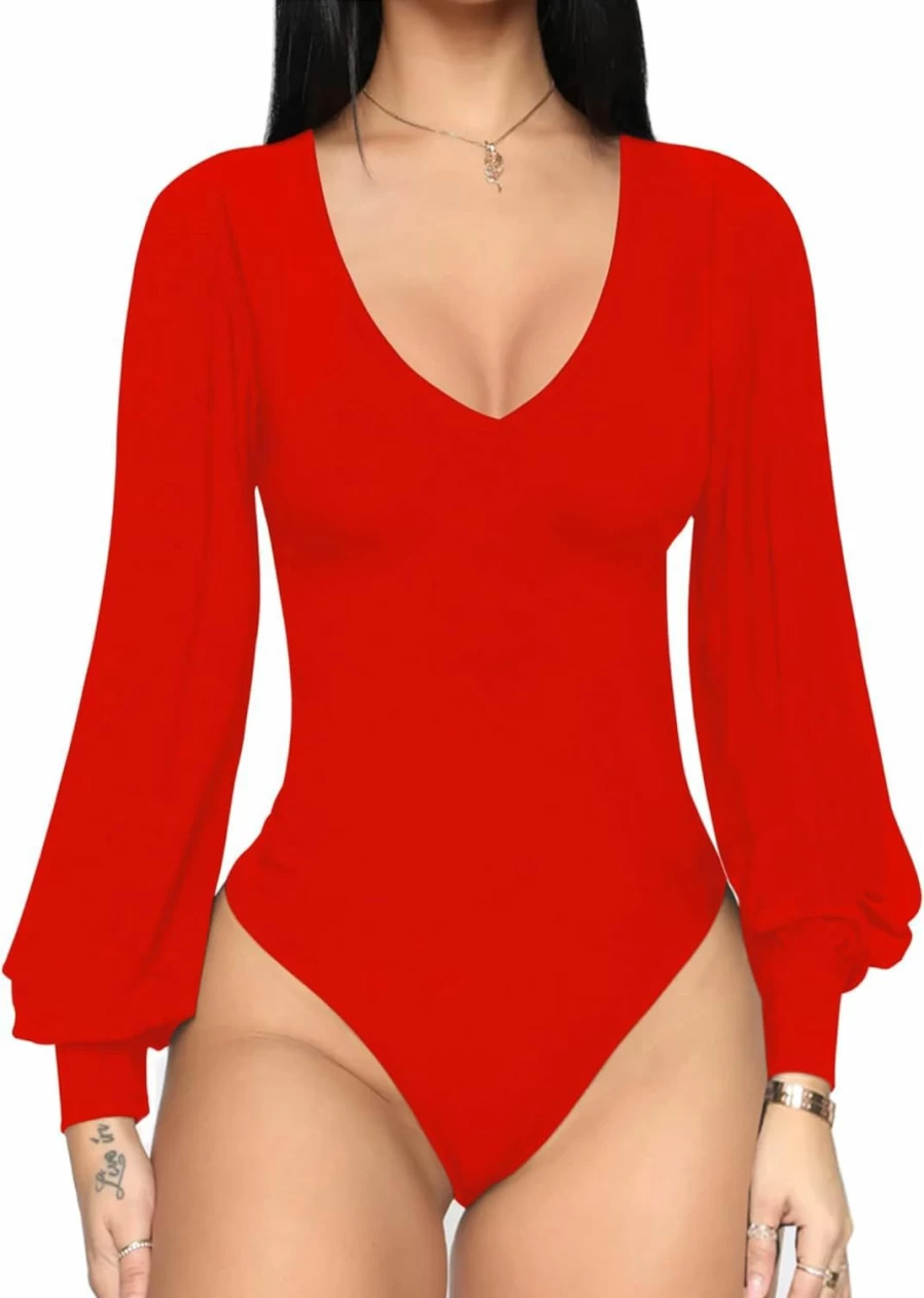 JORASOB Women's Sexy Deep V Neck Long Sleeve Ruched Bodysuit - Stretchy Tops & Leotard Shirts for Women
