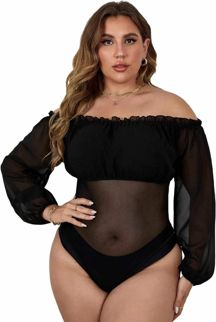 SOLY HUX Women's Plus Size Off Shoulder Mesh Long Sleeve Bodysuit Top with Frill Trim