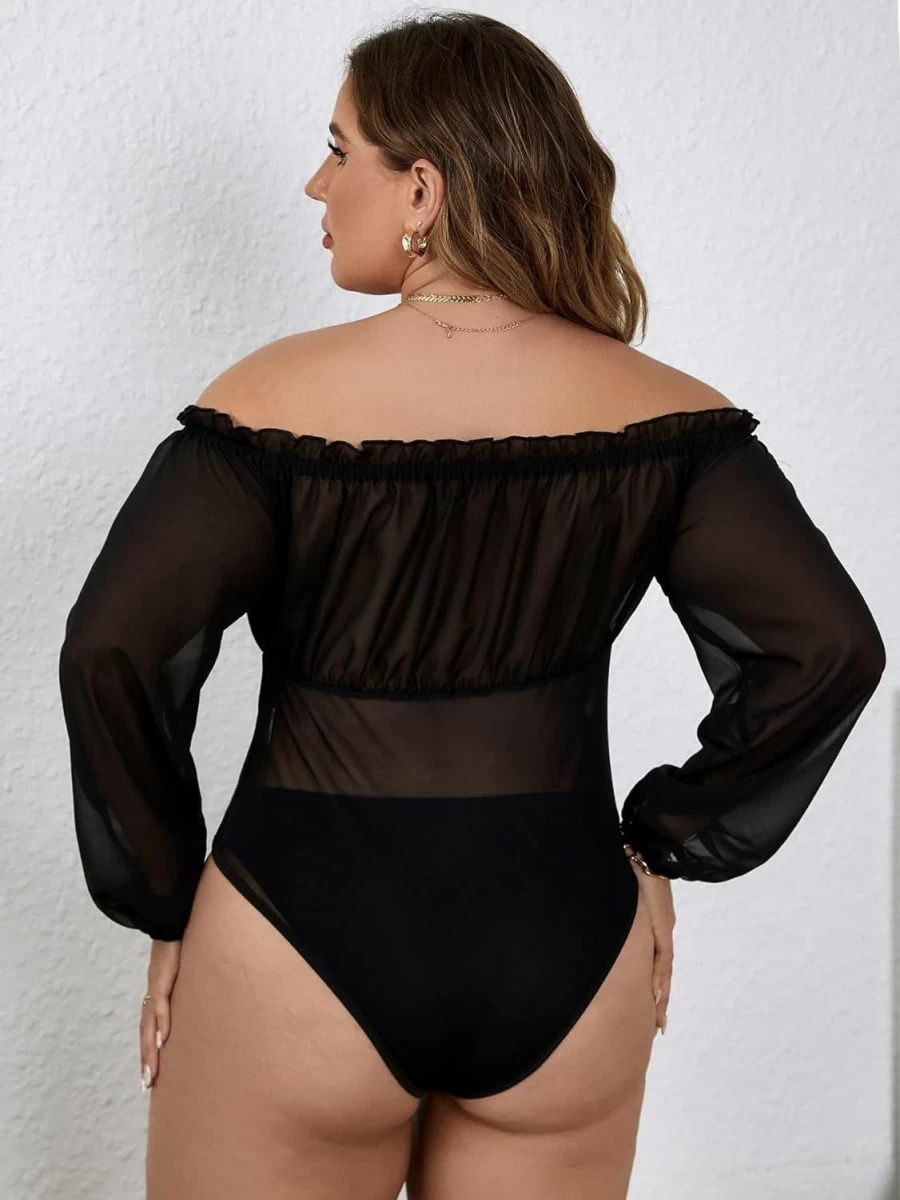SOLY HUX Women's Plus Size Off Shoulder Mesh Long Sleeve Bodysuit Top with Frill Trim