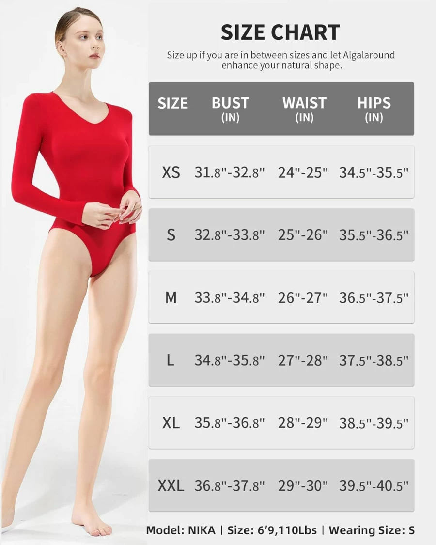 ALGALAROUND Women's V-Neck Long Sleeve Bodysuit - Double Lined Sexy Tops for Women