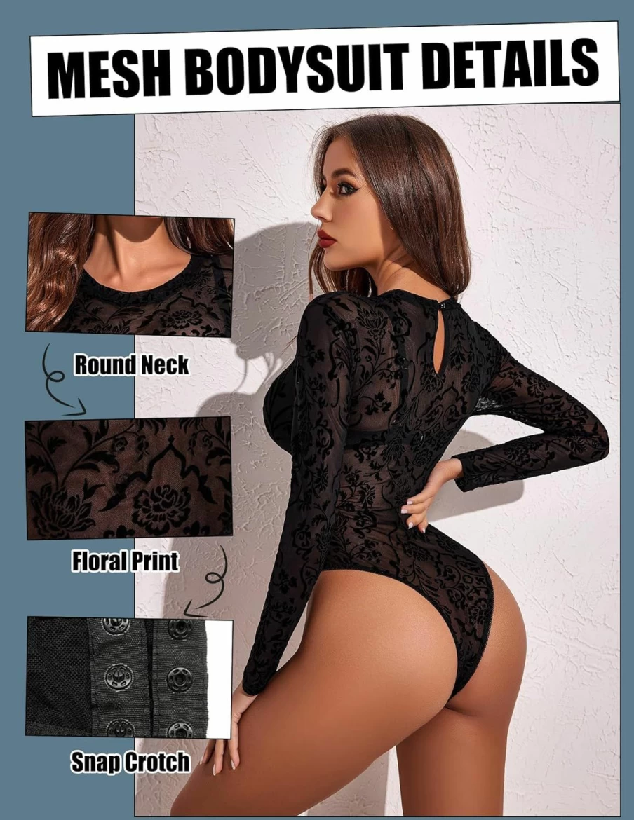 Avidlove Women's Sexy Black Long Sleeve Mesh Bodysuit with Snap Crotch - Sheer Round Neck Leotard Tops
